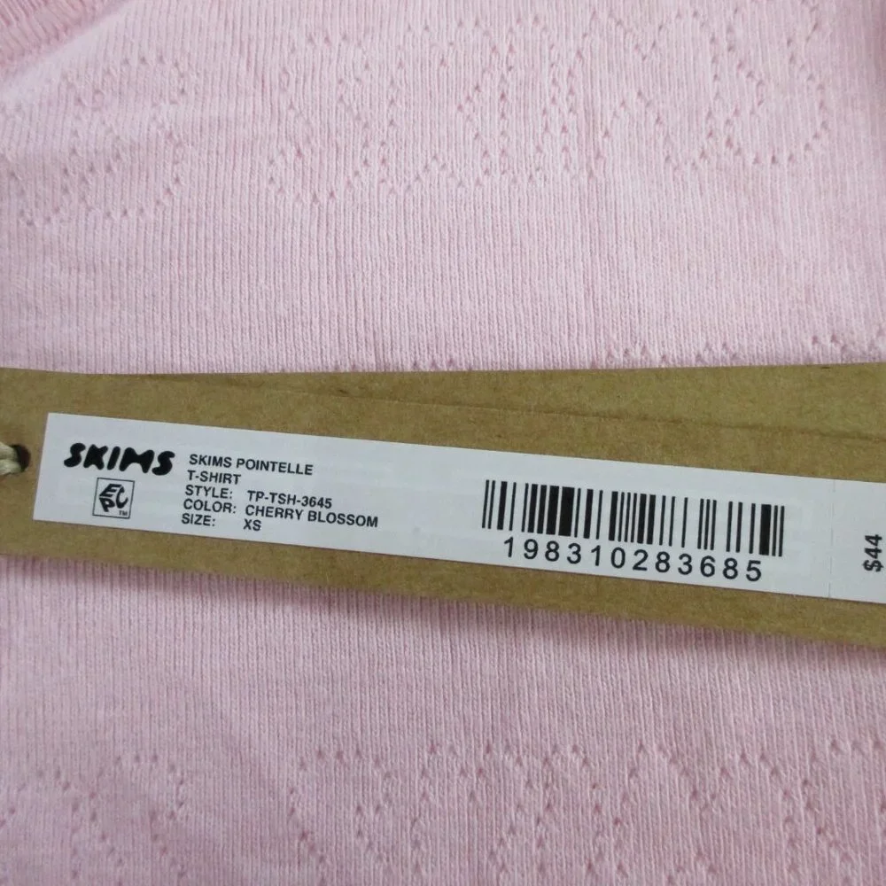 SKIMS Logo Pointelle Shirt Womens XS Cherry Blossom Pink Printed Stretch NWT - Picture 7 of 9